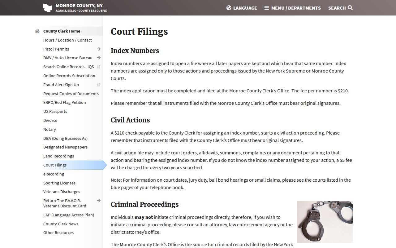 Greece resident lookup court record access through Monroe County Clerk
