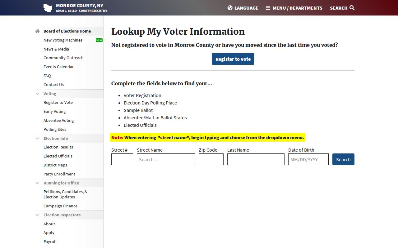 Greece residents directory Monroe County voter lookup fields