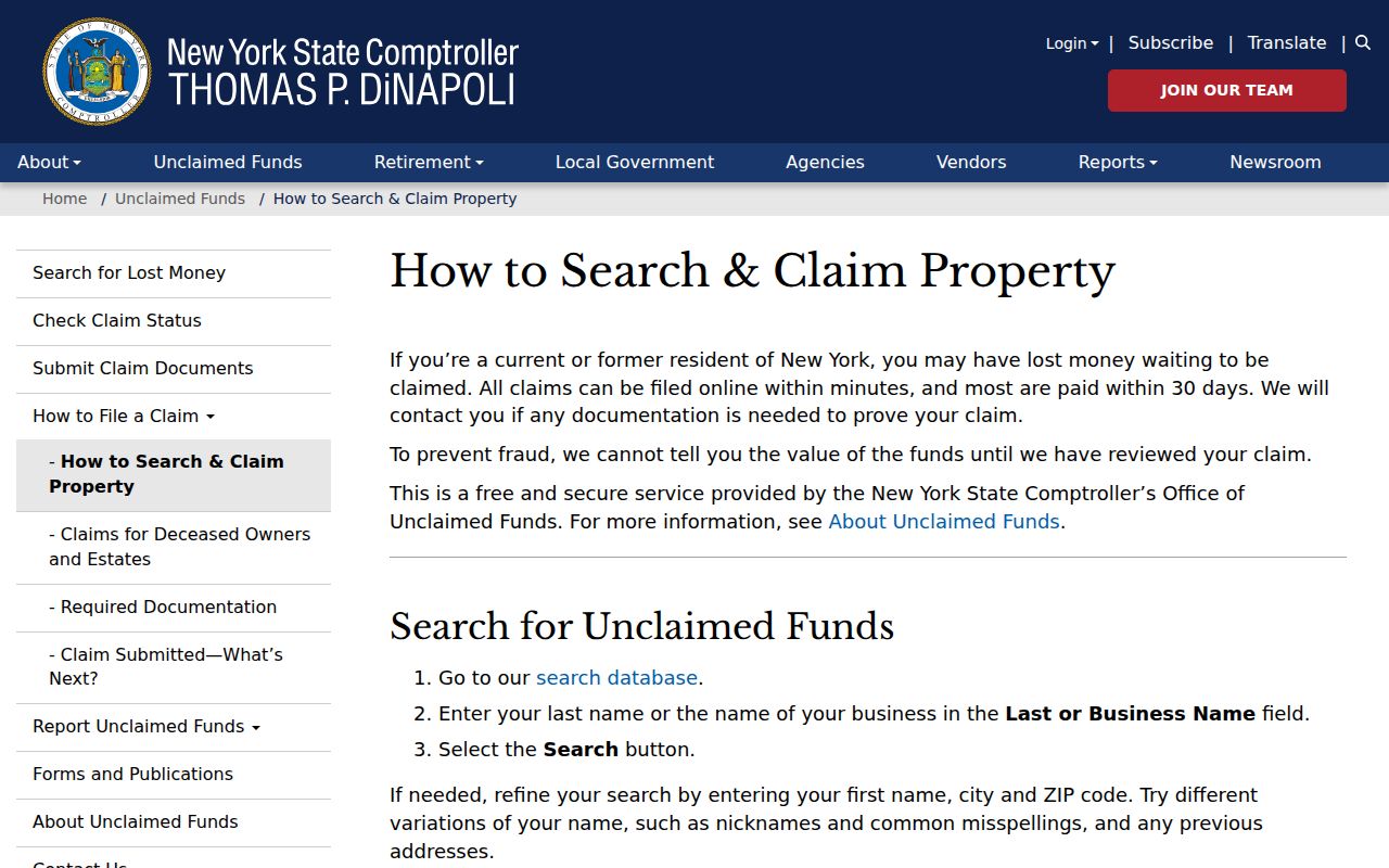 Greece residents directory New York unclaimed funds search form