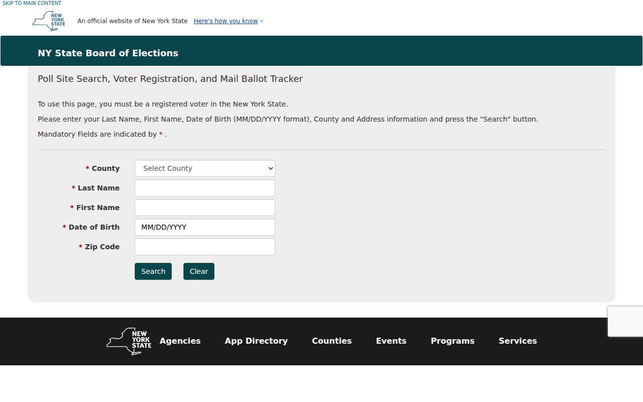 Greece ZIP code directory reference to the New York State voter lookup form